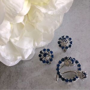 Sapphire Blue Rhinestone Tulips Brooch & Clip-on Earrings Set